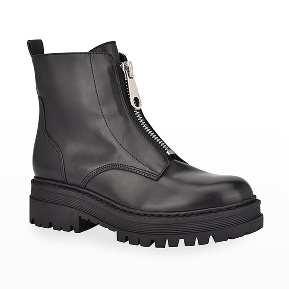 Marc Fisher Shoes - Marc Fisher Paralee Black Leather Lug-Sole Zip Combat Booties